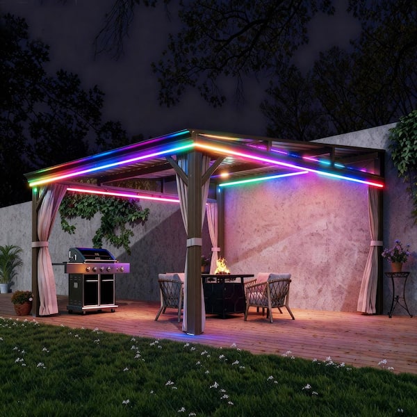 10 ft. x 12 ft. Aluminum Frame Wall-Mounted Galvanized Steel Hardtop Lean to Gazebo with Curtains and Netting