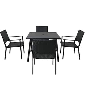 Black 5-Piece PE Wicker Dining Table Set with Umbrella Hole and 4 Dining Chairs