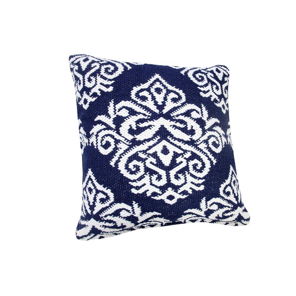Blue and White Cotton Damask Square Throw Pillow Set
