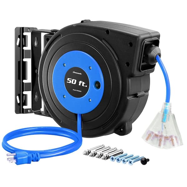 50 ft. 14/3 SJTW 13 Amp Retractable Extension Cord Reel with 3-Lighted Triple Outlets, Blue