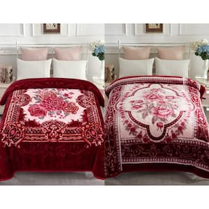 Burgundy Flower 83"x91" Reversible Printed Polyester Fleece Mink Warm Thick Winter Blanket