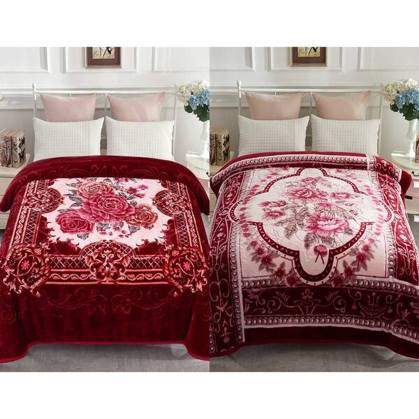 JML Burgundy Flower 83"x91" Reversible Printed Polyester Fleece Mink