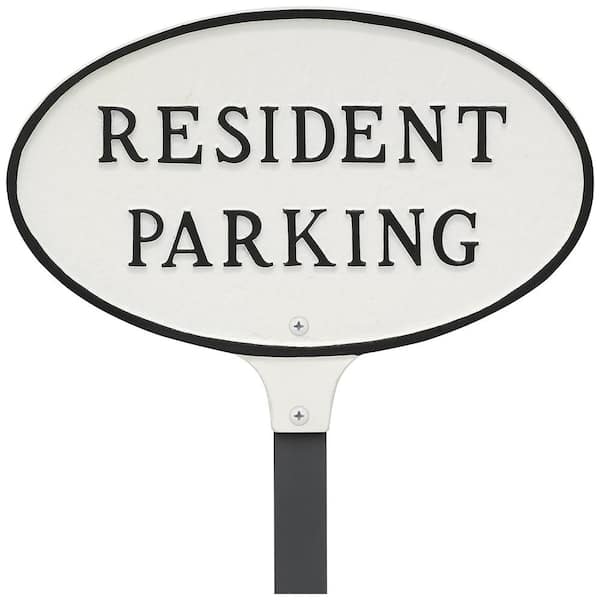 Montague Metal Products 6 in. x 10 in. Small Oval Resident Parking Statement Plaque Sign with 23 in. Lawn Stake - White/Black