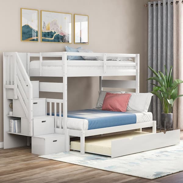 Polibi White Twin Over Twin/Full Bunk Bed with Twin Size Trundle