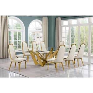 Meryl 9-Piece Rectangular Glass Top Gold Stainless Steel Dining Set With 8-Cream Velvet Gold Chrome Iron Legs Chairs