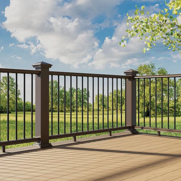BRIO 36 in. x 72 in. (Actual: 36 in. x 70 in.) Brown PVC Composite Line Railing Kit w/Round Aluminum Black Balusters