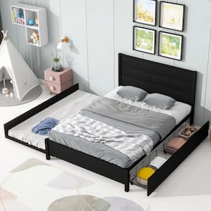 Black Metal Frame Full Size Platform Bed with Twin Size Trundle and 2-Drawer
