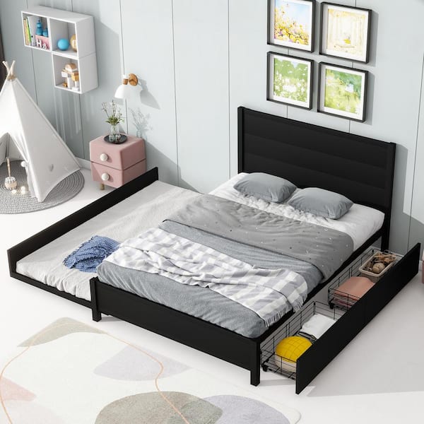 Harper & Bright Designs Black Metal Frame Full Size Platform Bed with Twin Size Trundle and 2-Drawer