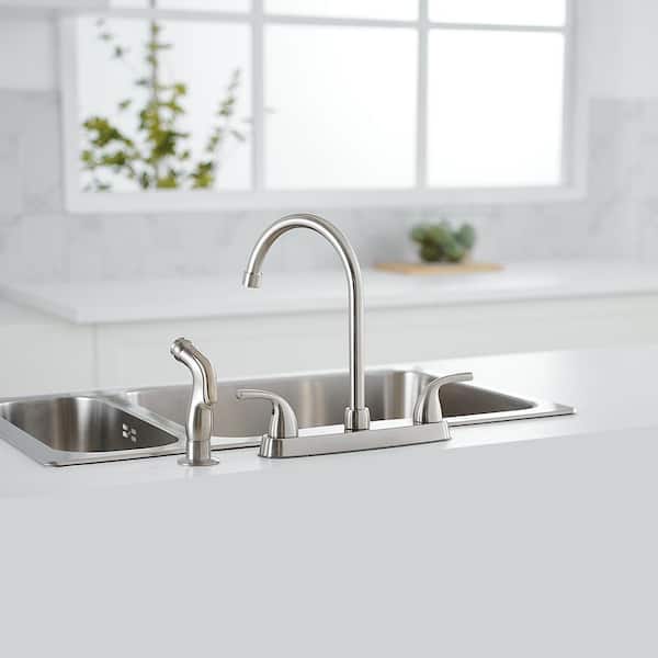 Double Handle Deck Mount Standard Kitchen Faucet 4 Hole Kitchen Sink Faucet with Sprayer in Brushed Nickel