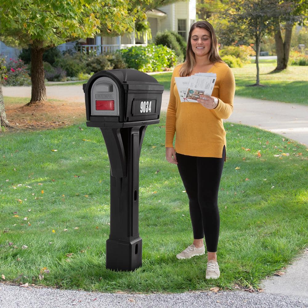 Classic Black Plastic Post Mounted Mailbox with Dual Access Doors