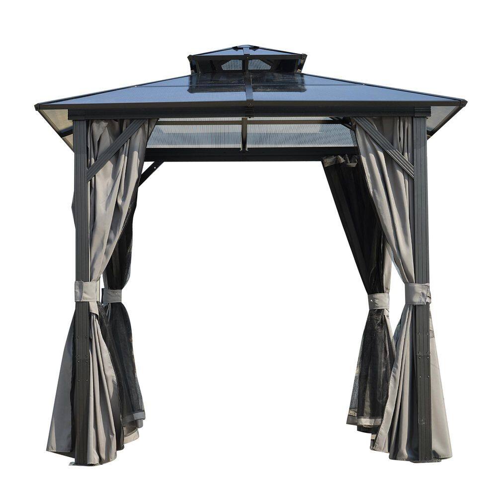 8 ft. x 8 ft. Hardtop Outdoor Gazebo, Polycarbonate Double Roof BBQ Gazebo with Aluminum Frame, Storage Hooks, Curtains price history on PriceWatchPro