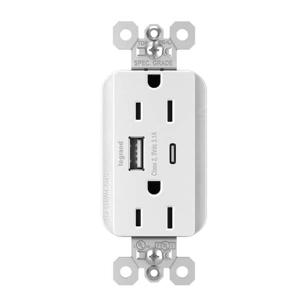 PlugTail 15 Amp Decorator USB Type AC Outlet, White