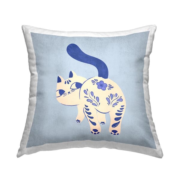 Stupell Industries Purrcelin Patterned Cat Blue Print Polyester 18 in. x 18 in. Throw Pillow