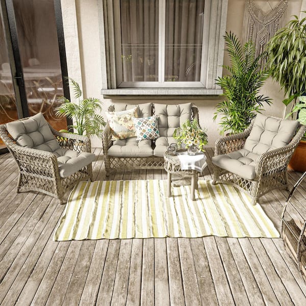 42 x 21 x 5 in. Outdoor Tufted Dining Chair Cushion Set Waterproof Patio Replacement Seat with Back Cream (2-Pack)