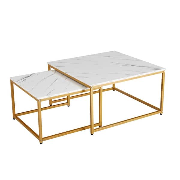Z-joyee 31.5 in. White Square MDF Faux Marble Nesting Coffee Tables Set