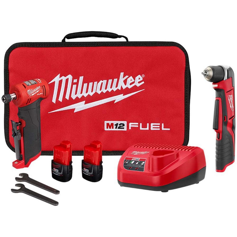 Milwaukee M12 FUEL 12-Volt Lithium-Ion 1/4 in. Cordless Right Angle Die Grinder Kit with M12 3/8 in. Right Angle Drill