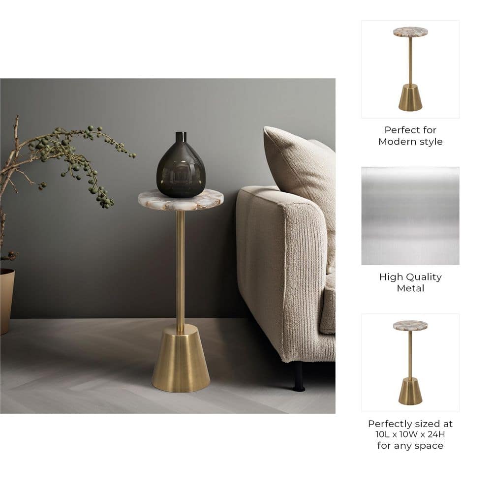 Gold Agate Top Round Metal Accent Table, 24"