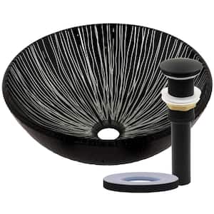 Godere Round Glass Vessel Sink Hand Painted in Black and Silver with Pop-Up Drain in Matte Black