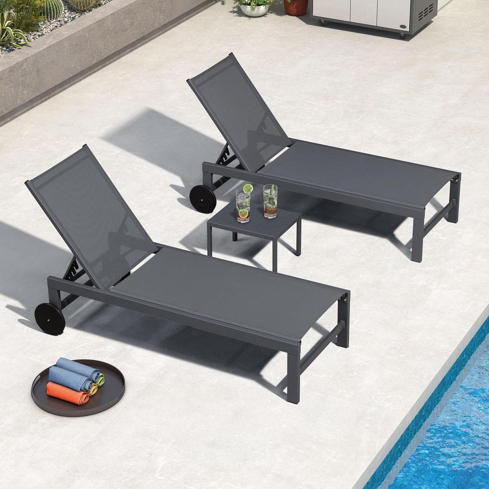 Aluminum Drak Grey Frame Outdoor Chaise Lounge Patio Lounge Chair with Side Table and Wheels, Charcoal Grey price history on PriceWatchPro