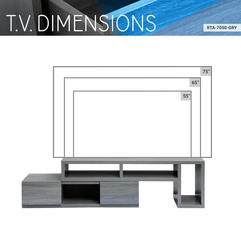 Gray MDF Expandable TV Stand with Shelves and Drawers