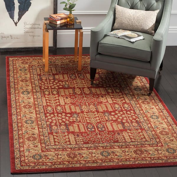 Mahal 5 ft. x 5 ft. Square Red/Natural Antique Floral Border Area Rug
