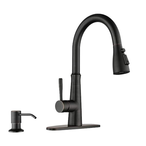 IVIGA 3 Functions Single Handle Pull Down Sprayer Kitchen Faucet with Soap Dispenser in Stainless Steel Oil Rubbed Bronze