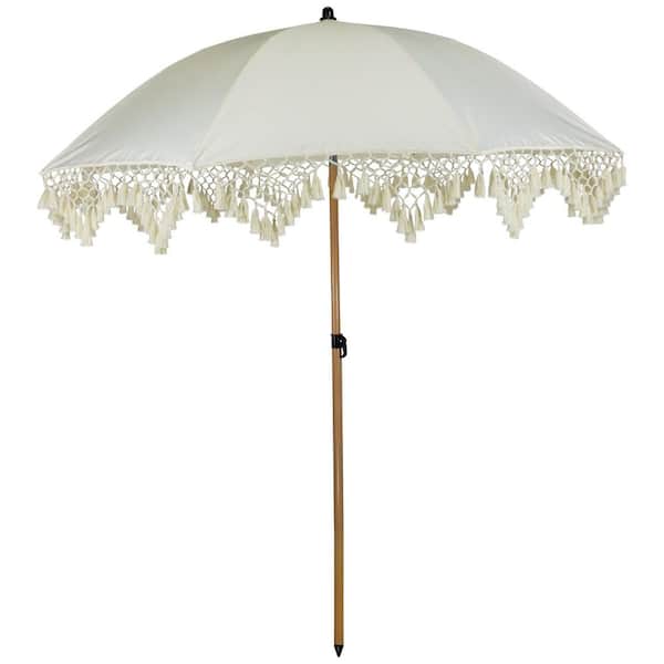 6.5 ft. Outdoor Macrame Boho Beach Market Patio Umbrella with Tilt-78 in. Cream