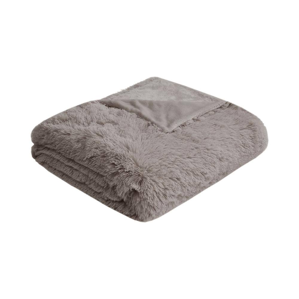 King Gray Shaggy Faux Fur Bedspread Cover Set