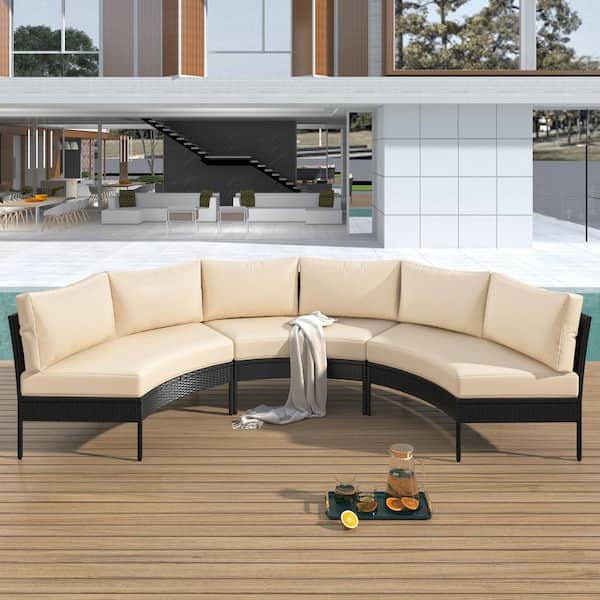 Sudzendf Gray 6-Piece Wicker Outdoor Sofa Sectional Set with Beige Cushions and Small Trays