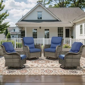 Crescent Gray Wicker PE Rattan Outdoor Swivel Rocker Patio Chairs with Olefin Navy Blue Cushions (4-Pack)