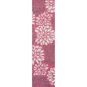 Zinnia Modern Floral Textured Weave Fuchsia/Light Gray 2 ft. x 10 ft. Indoor/Outdoor Area Rug