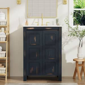 24 in. W x 18 in. D x 34 in. H Solid Wood Frame Bathroom Vanity in Espresso with White Ceramic Top, 2 Soft-Close Doors