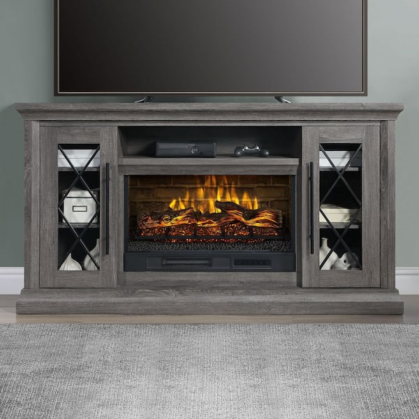 65 in. Fireplace Freestanding Console-Dark and Medium Brown Oak Grain
