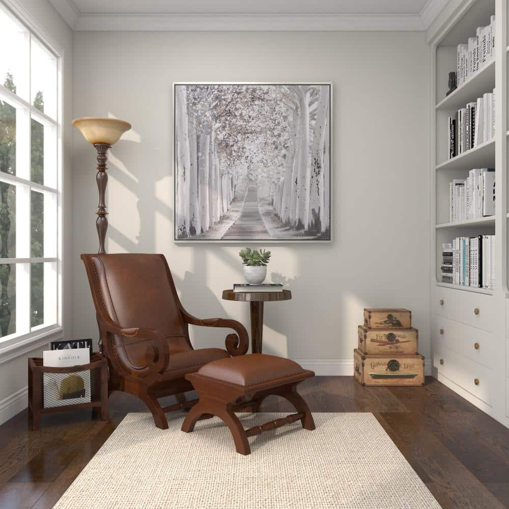Handcrafted Brown Leather and Teak Wood Accent Chair with Ottoman