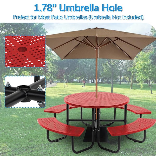 Thanaddo 46 in. Red Round Outdoor Steel Picnic Table Seats 8-People with  Umbrella Hole T22S00008 - The Home Depot