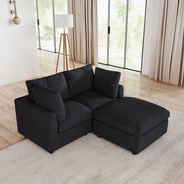 Modular 67 in. Square Arm Chenille Minimalist L-Shaped Sofa Cloud Couch with Removable Covers for Home Office in. Black