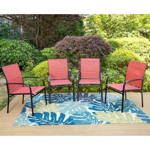 Black Ergonomic Red Textilene Metal Outdoor Dining Chair with Wave Arms (4-Pack)