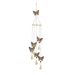 39 in. Gold Metal Butterfly Indoor Outdoor Embellished Windchime with Glass Beads and Cone Bells