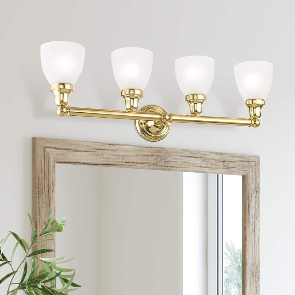 Elegant Polished Brass 4-Light Vanity with Satin Opal White Glass