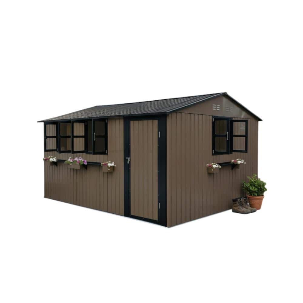 12 ft. W x 10 ft. D Brown Outdoor Metal Storage Shed, Heavy Duty Garden Shed with 3 Clear Windows, Lockable Single Door price history on PriceWatchPro
