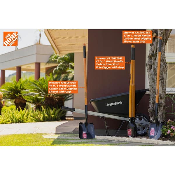 Husky 47 L Wood Handle Carbon Steel Digging Shovel with Grip