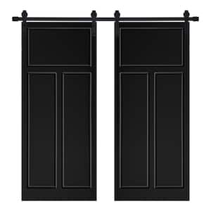 Modern THREE PANEL Designed 64 in. x 84 in. MDF Panel Black Painted Double Sliding Barn Door with Hardware Kit