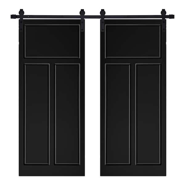 AIOPOP HOME Modern 3 Panel Designed 56 in. x 84 in. MDF Panel Black Painted Double Sliding Barn Door with Hardware Kit
