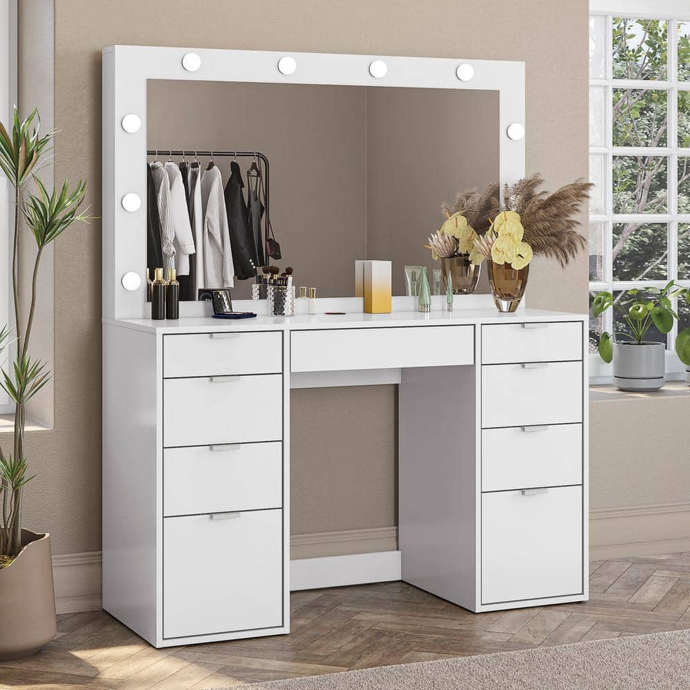 Jesia 9-Drawer Makeup Vanity, White, with 10 LED Lighted Mirror