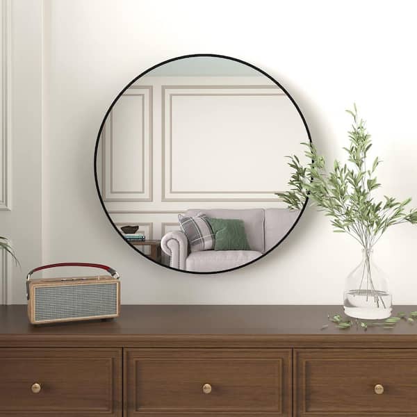 Black 36 in. W x 36 in. H Round Metal Framed Wall Mirror