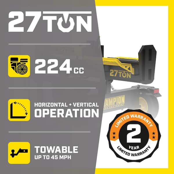 27 Ton 224cc Full Beam Vertical/Horizontal Op and Auto Return Gas Wood Log Splitter with Oil Funnel and Hydraulic Oil