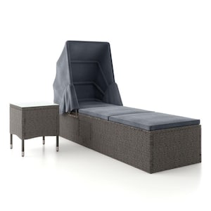 Eira Gray 2-Piece Wicker Outdoor Reclining Chaise Lounge with Capony, Gray Cushions and Table Set