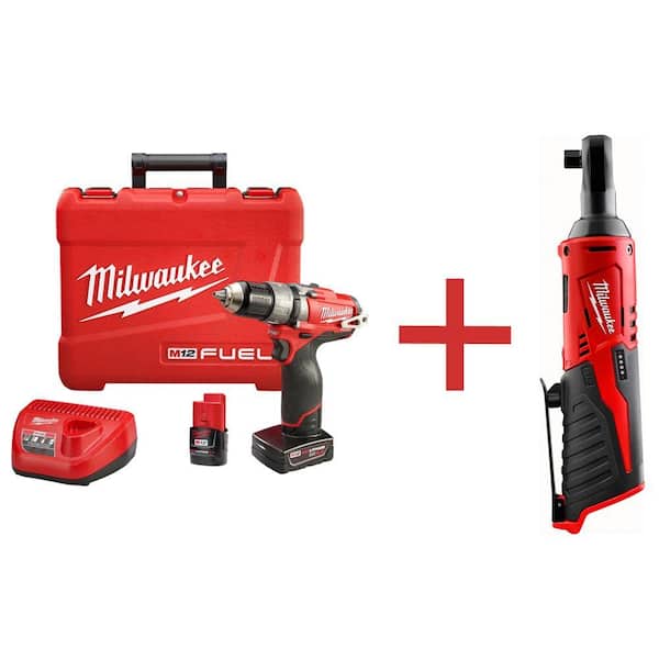 Milwaukee M12 FUEL 12-Volt Lithium-Ion Brushless 1/2 in. Cordless Hammer Drill/Driver Kit W/ Free M12 3/8 in. Ratchet