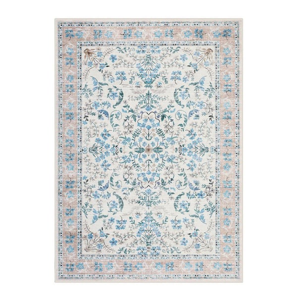 8 ft. x 10 ft. Blue Floral Pattern Washable Soft, Non Slip Low Pile, for Living Room, Bedroom, Dining Room Area Rug