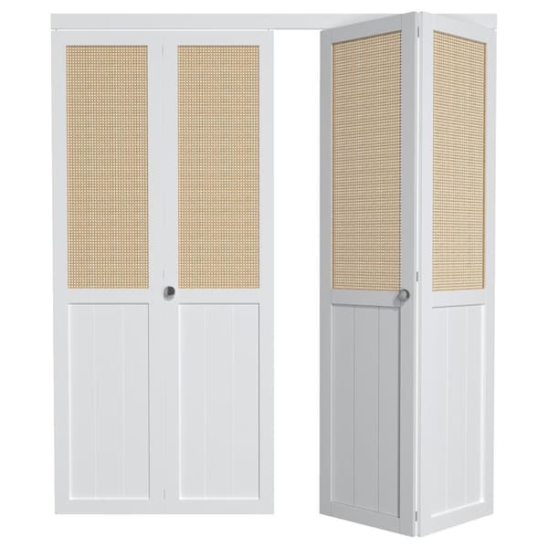 ARK DESIGN 72 in. x 80.5 in. Paneled Solid Core White Finished Wood and Imitated Rattan Weaving Bi-Fold Door with Hardware